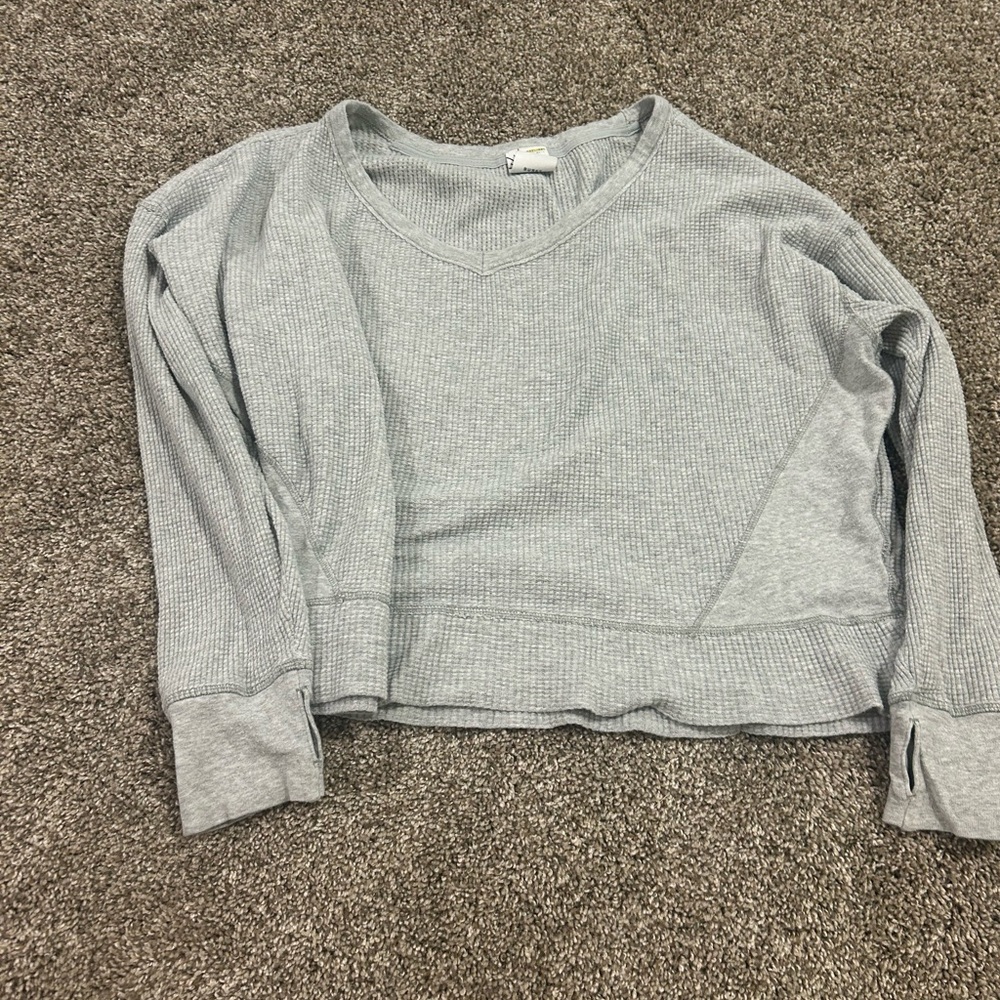 Aerie Gray Boxy Waffle knit Off-the-Shoulder Sweatshirt